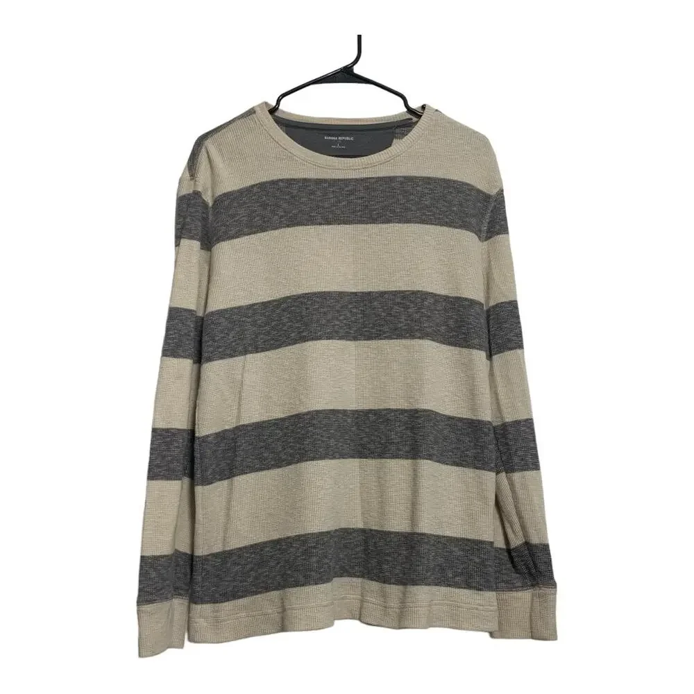 Banana Republic Mens long sleeve shirt waffle size large Cream and Gray Stripe